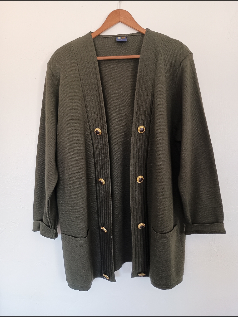Vintage Wool C & A Your Sixth Sense Olive Green Button-Front Sweater Cardigan
